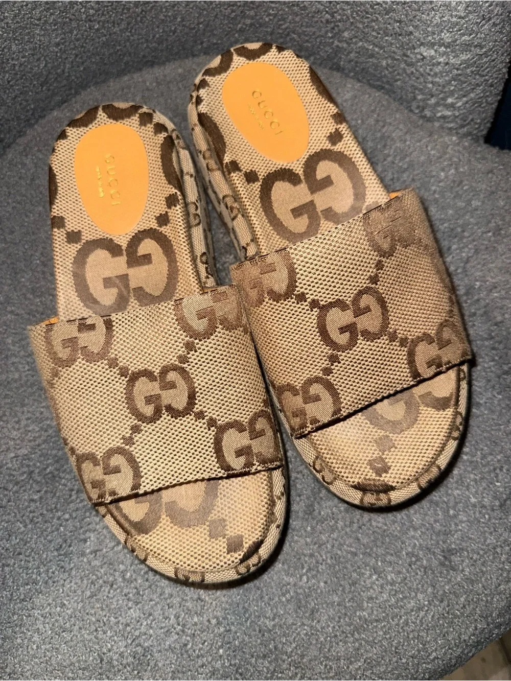 Gucci Brown Beige GG Platform Canvas Slide Sandals